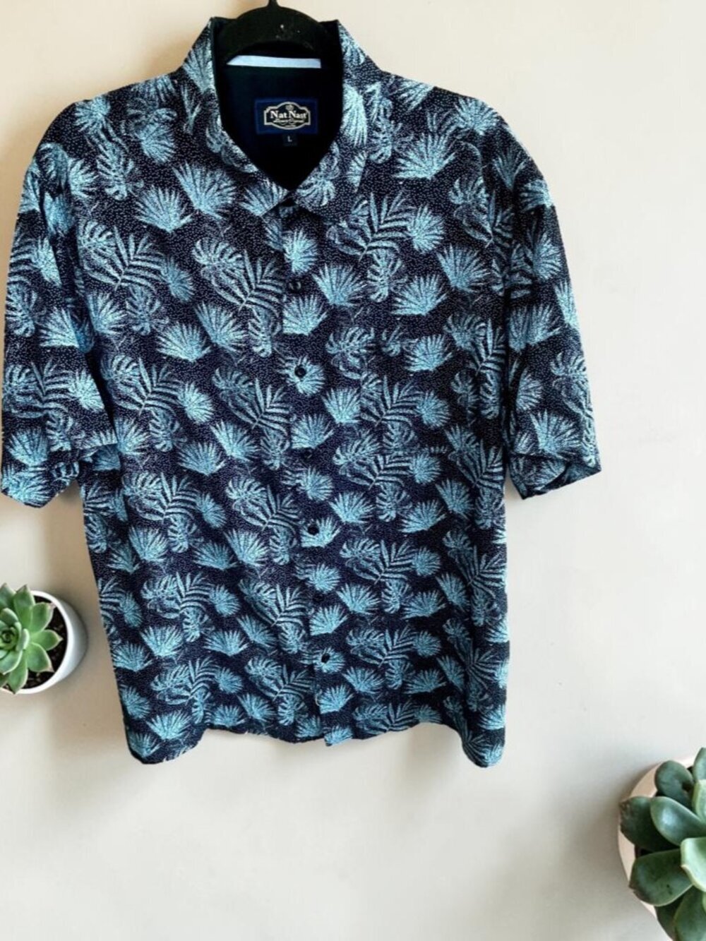 Nat Nast Men's Blue Silk Cotton Blend Hawaiian Palm Fronds Short Sleeve Shirt